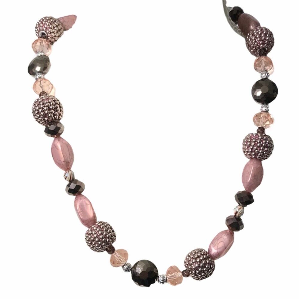 Womens Necklace Mauve Pink Silvertone Beaded‎ Choker  Hangs 12" Long